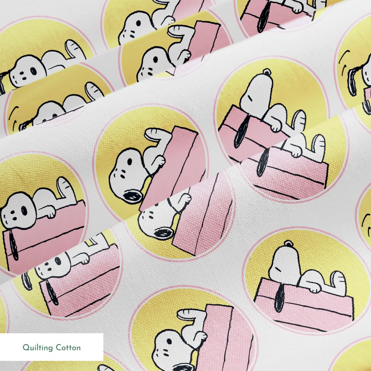 Snoopy lounging on pink doghouse roof in various poses, arranged in circular yellow frames springs quiltingcotton texture