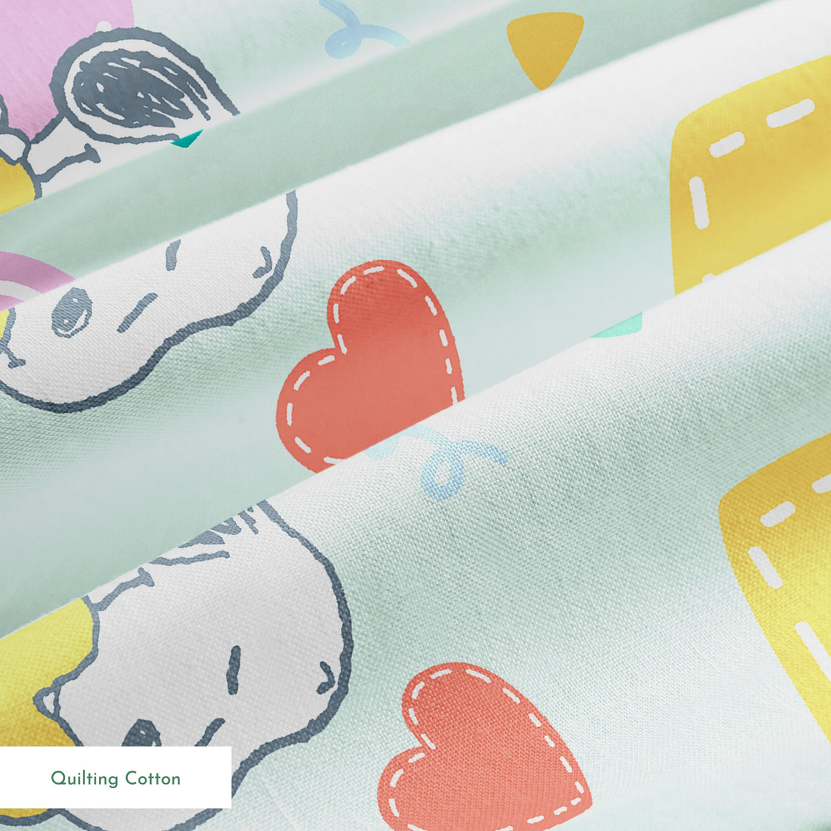 Cartoon Snoopy pattern with colorful hearts on mint green background, featuring different Snoopy poses springs quiltingcotton texture