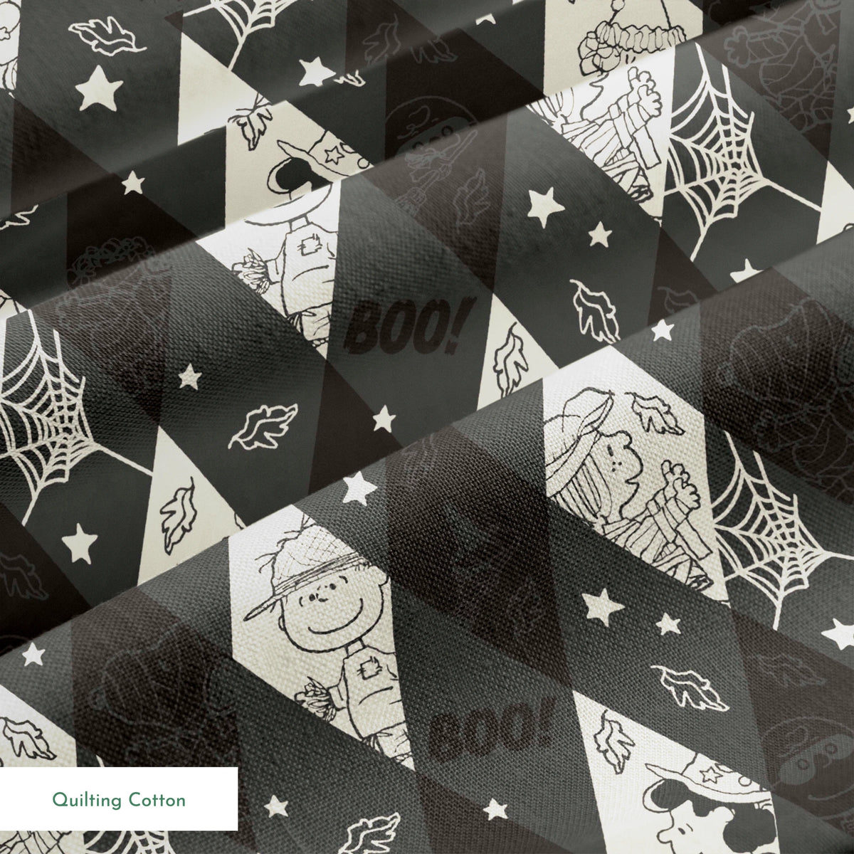 Diamond pattern with Peanuts characters and Halloween motifs in black and cream, featuring spider webs, stars, and "BOO!" text. springs quiltingcotton texture