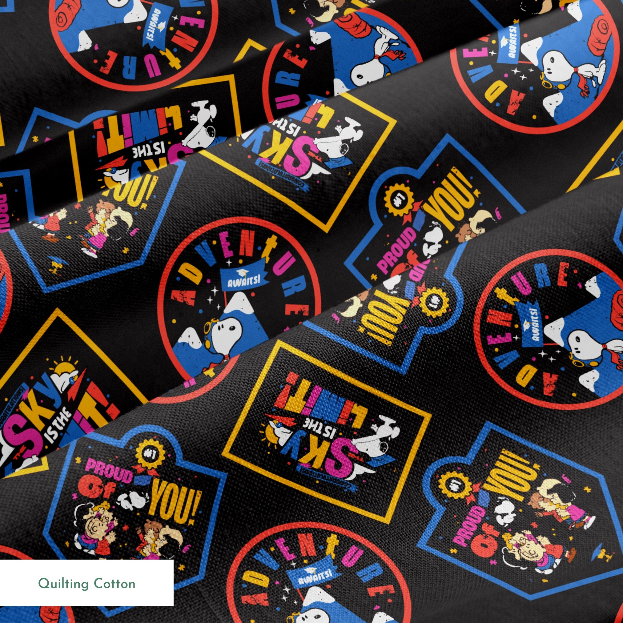Colorful Peanuts character patches in various shapes on black background, featuring animated figures in vibrant colors springs quiltingcotton texture