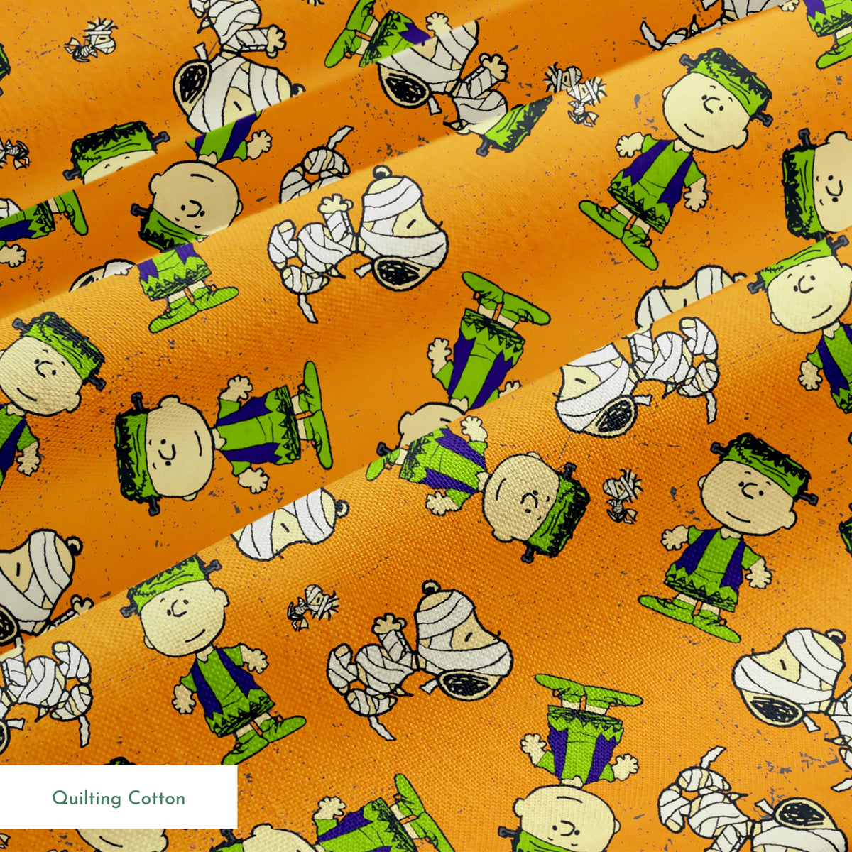 Peanuts characters pattern on orange background with Charlie Brown, Snoopy, and friends scattered throughout springs quiltingcotton texture