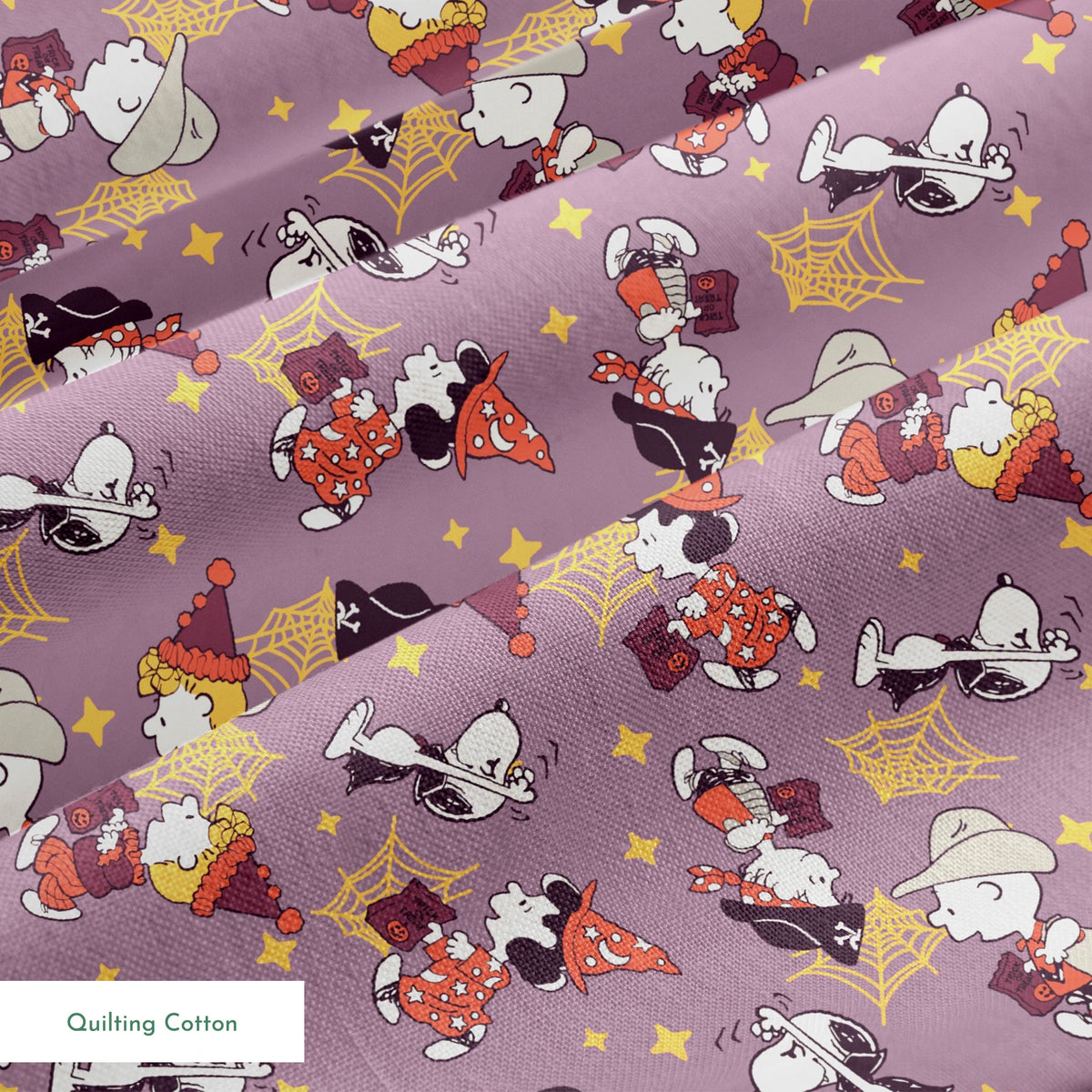 Snoopy and Peanuts characters in fall outfits with pumpkins and stars on purple background springs quiltingcotton texture