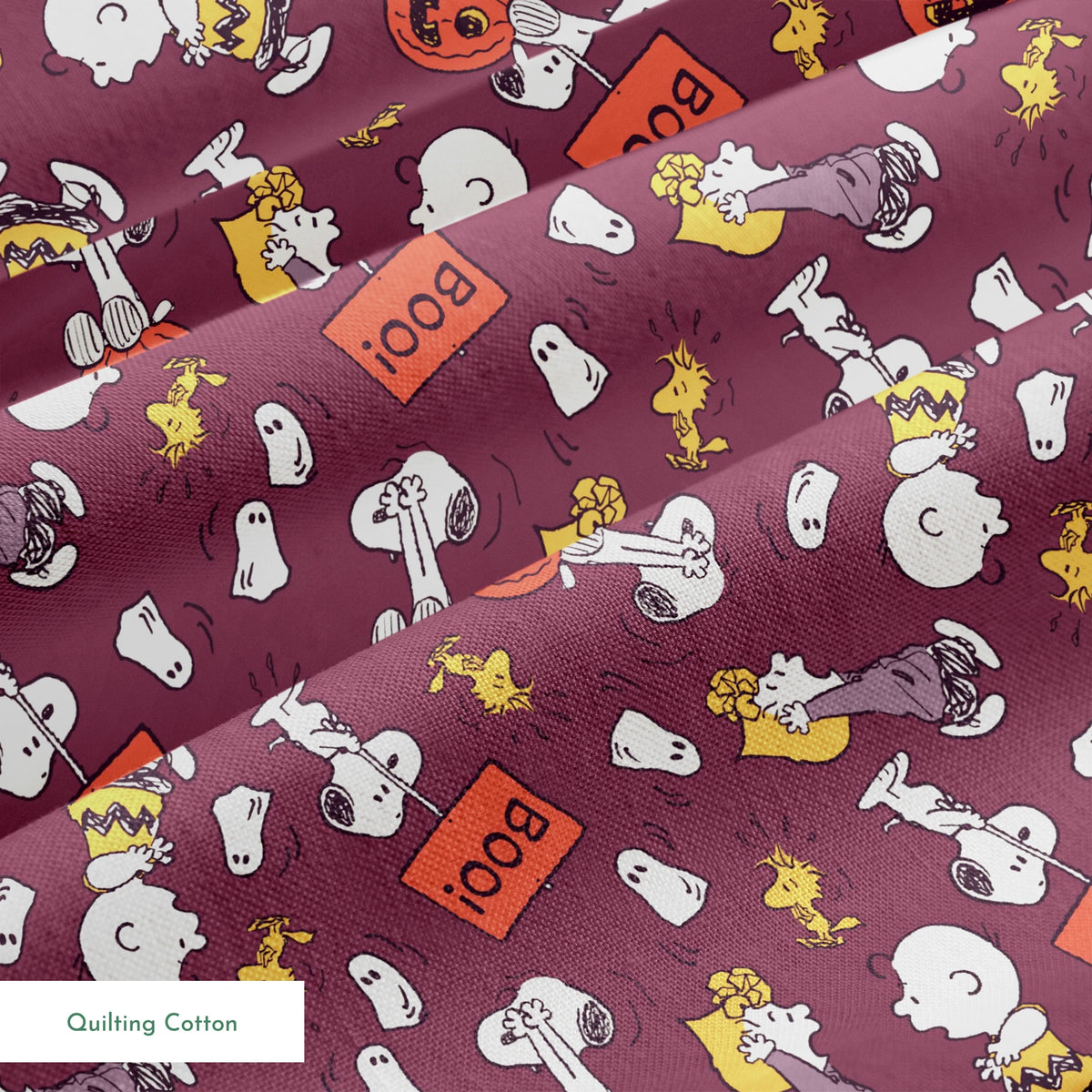 Snoopy and Woodstock Halloween pattern on purple background with pumpkins, ghosts, and "boo!" text springs quiltingcotton texture