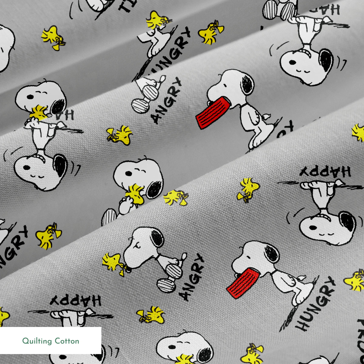 Snoopy cartoon pattern on gray background with emotions like "Hungry" and "Love" with Woodstock springs quiltingcotton texture