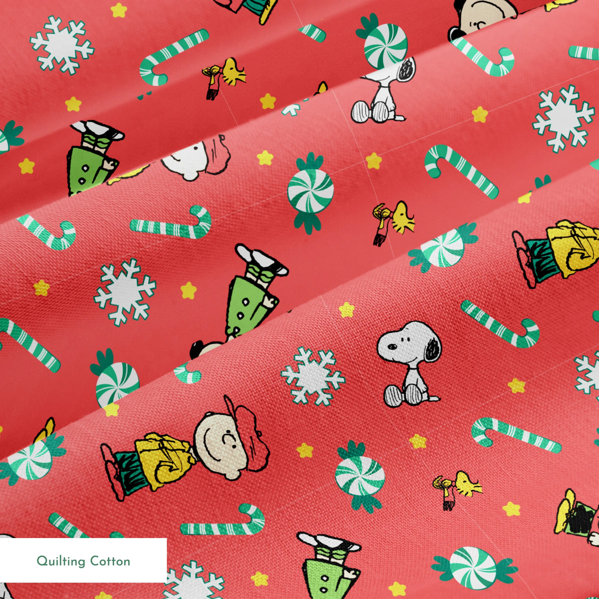 Festive Peanuts cartoon pattern with Charlie Brown characters, candy canes, snowflakes, and peppermints on red background springs quiltingcotton texture