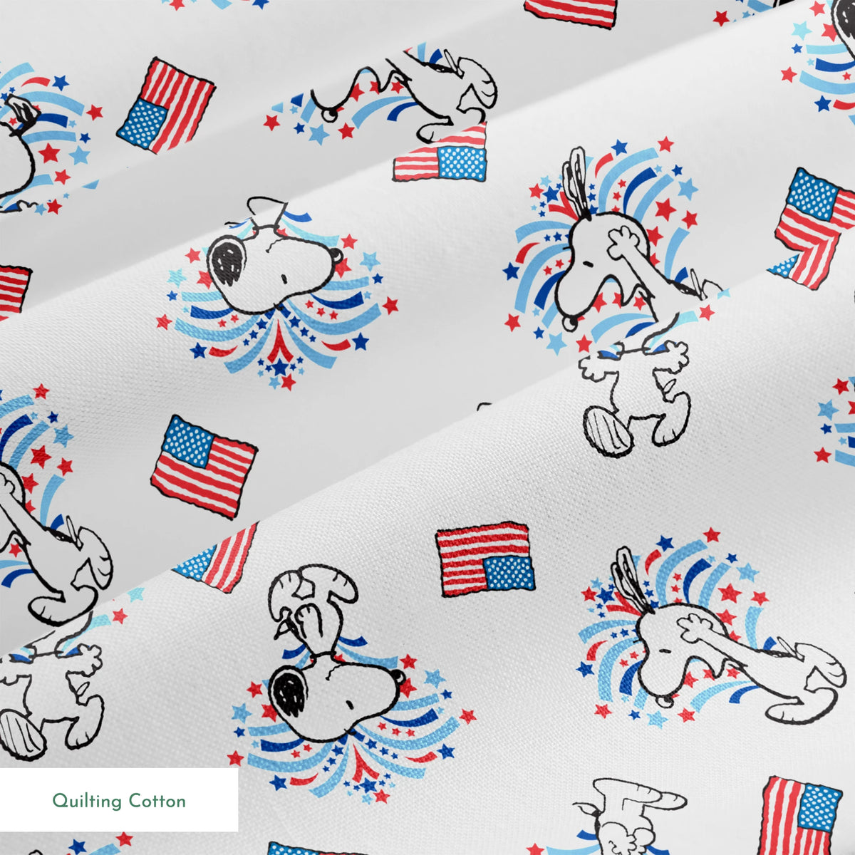 Snoopy with red and blue fireworks pattern alongside American flags on white background springs quiltingcotton texture