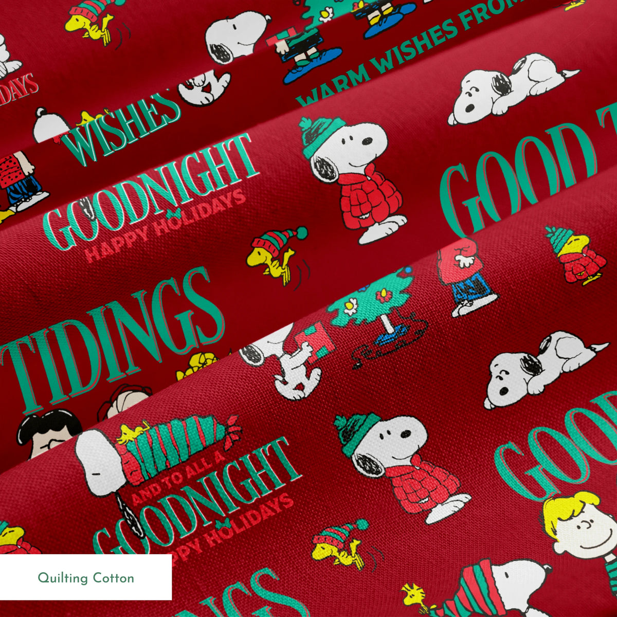 Colorful Peanuts Christmas pattern with Snoopy, Woodstock, and friends with holiday phrases on red background springs quiltingcotton texture