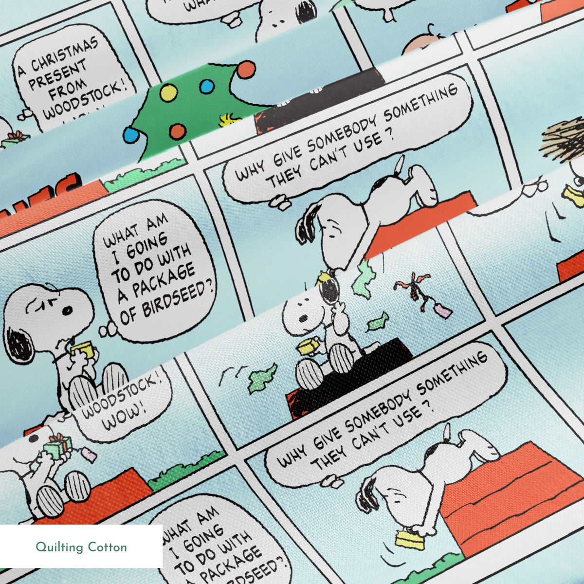 This is a Peanuts comic strip featuring Snoopy on his red doghouse with a Christmas tree visible. The panels show Snoopy preparing and decorating his doghouse for the holidays, with his yellow bird friend Woodstock appearing in a nest with Christmas lights. springs quiltingcotton texture