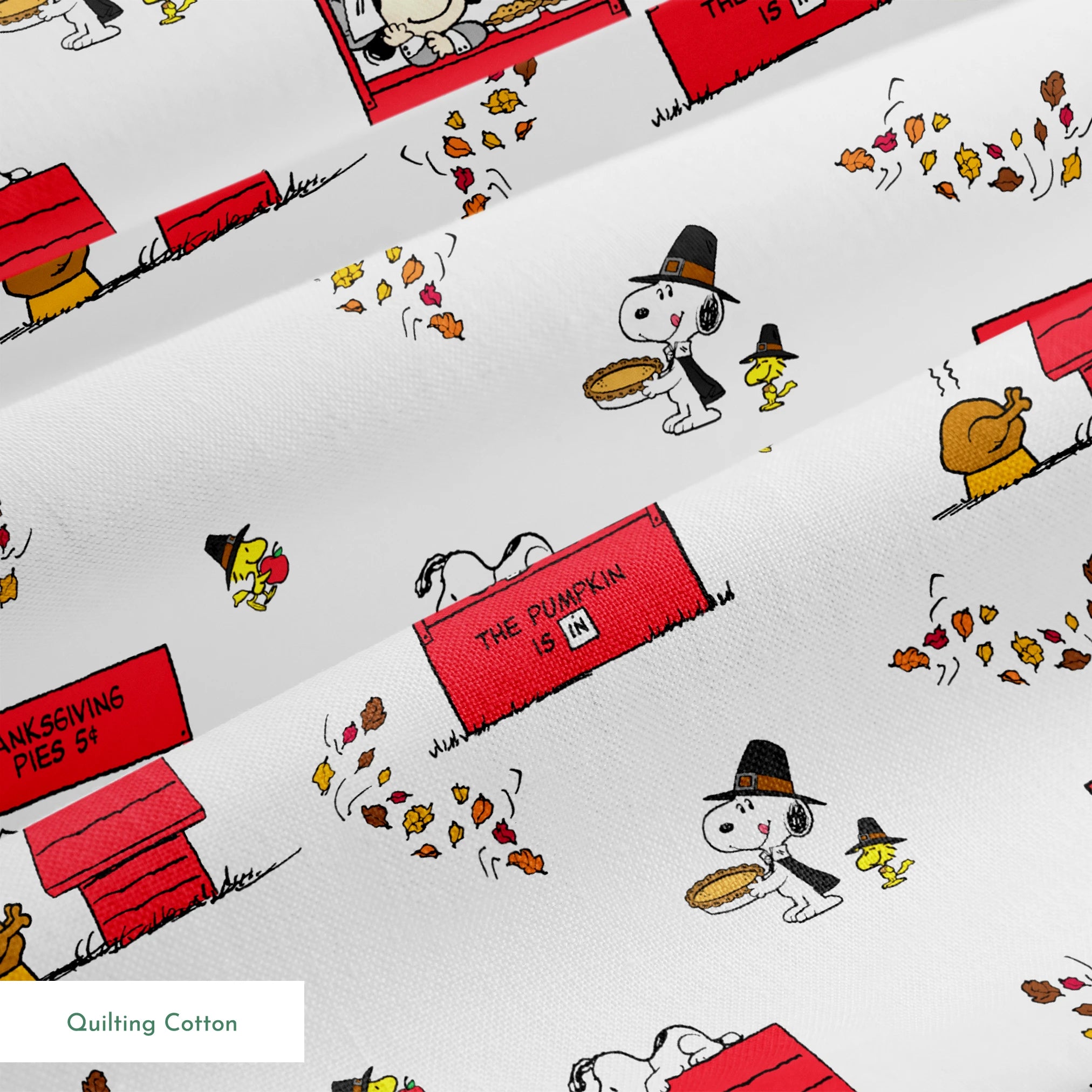 Peanuts Thanksgiving pattern with Snoopy, red booths, doghouses, and falling autumn leaves on white background springs quiltingcotton texture