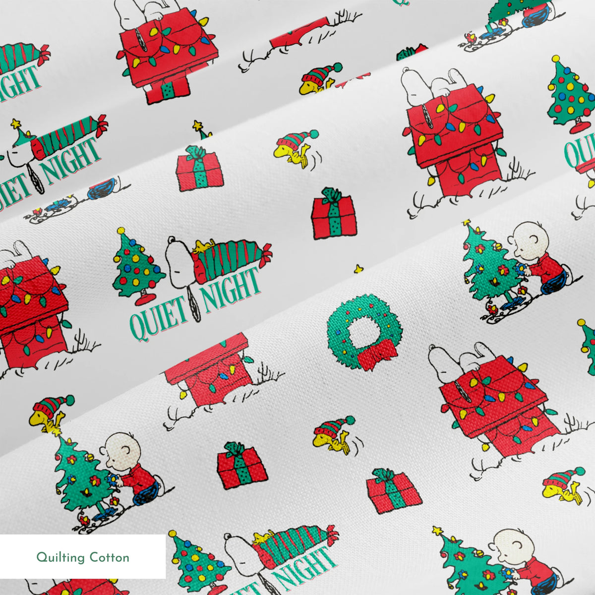 Peanuts Christmas pattern with Snoopy's decorated doghouse, trees, wreaths, and "Quiet Night" text springs quiltingcotton texture