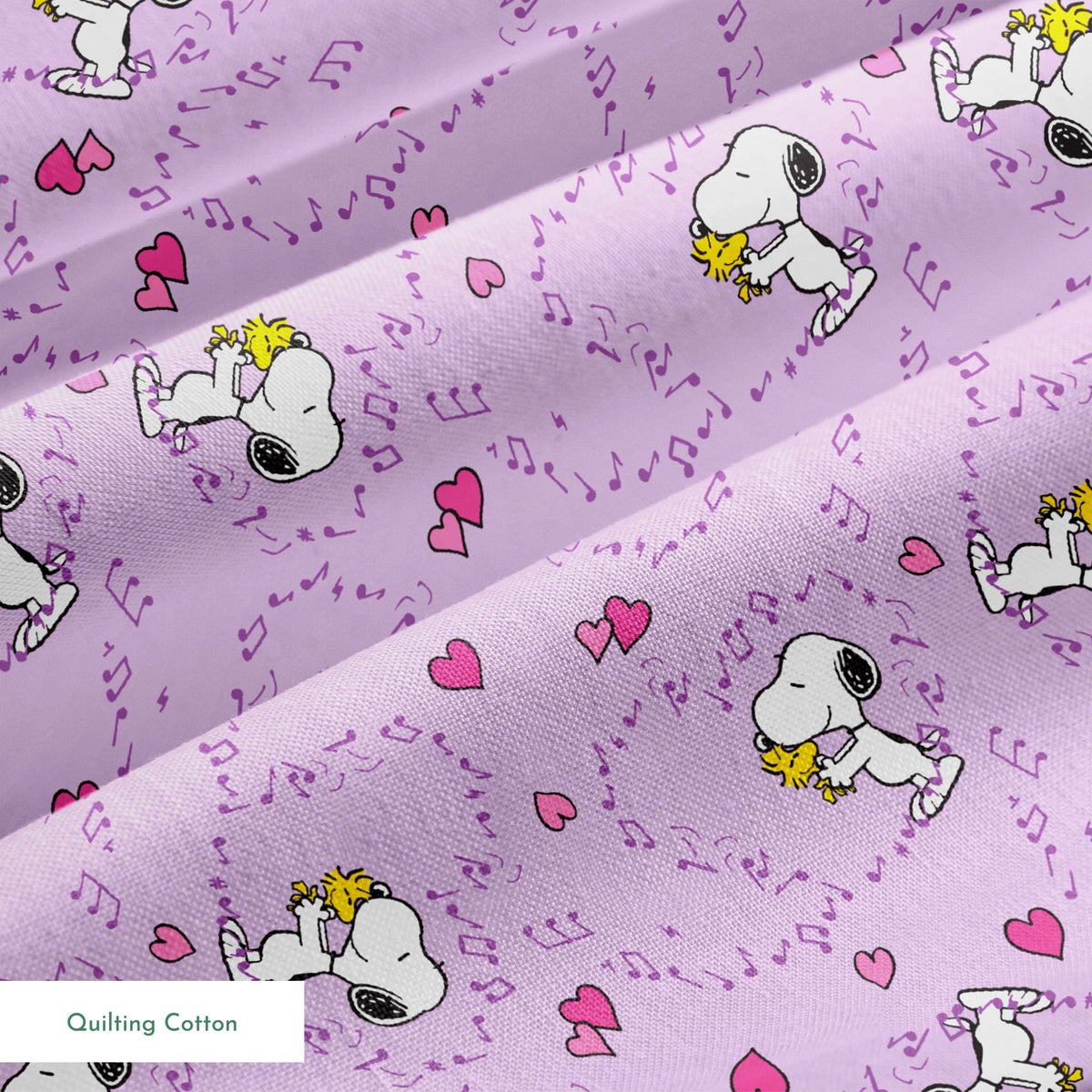 Snoopy and Woodstock on purple background with pink hearts and music notes springs quiltingcotton texture