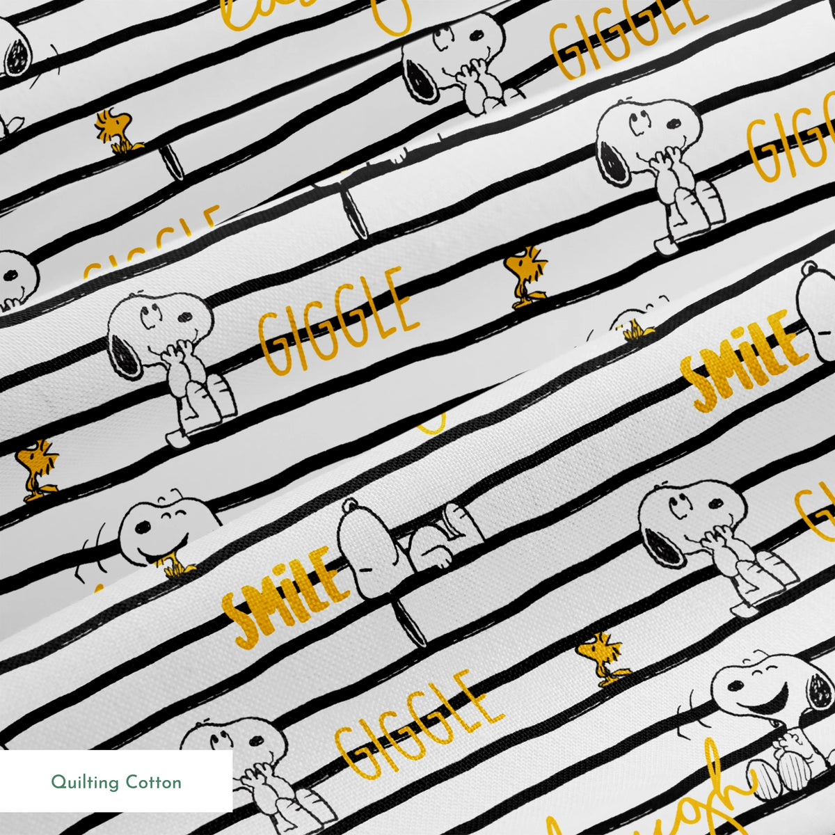 Black and white striped pattern with Snoopy and Woodstock, yellow text saying "giggle," "laugh," "smile springs quiltingcotton texture