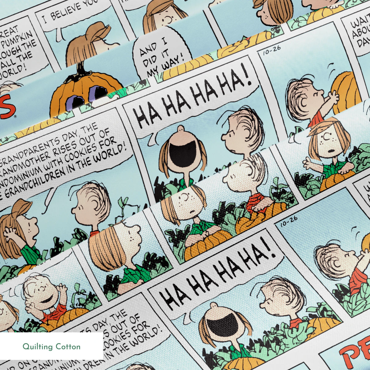 Peanuts comic strip featuring "Great Pumpkin" Halloween storyline with cartoon children and jack-o'-lantern imagery across multiple panels. springs quiltingcotton texture