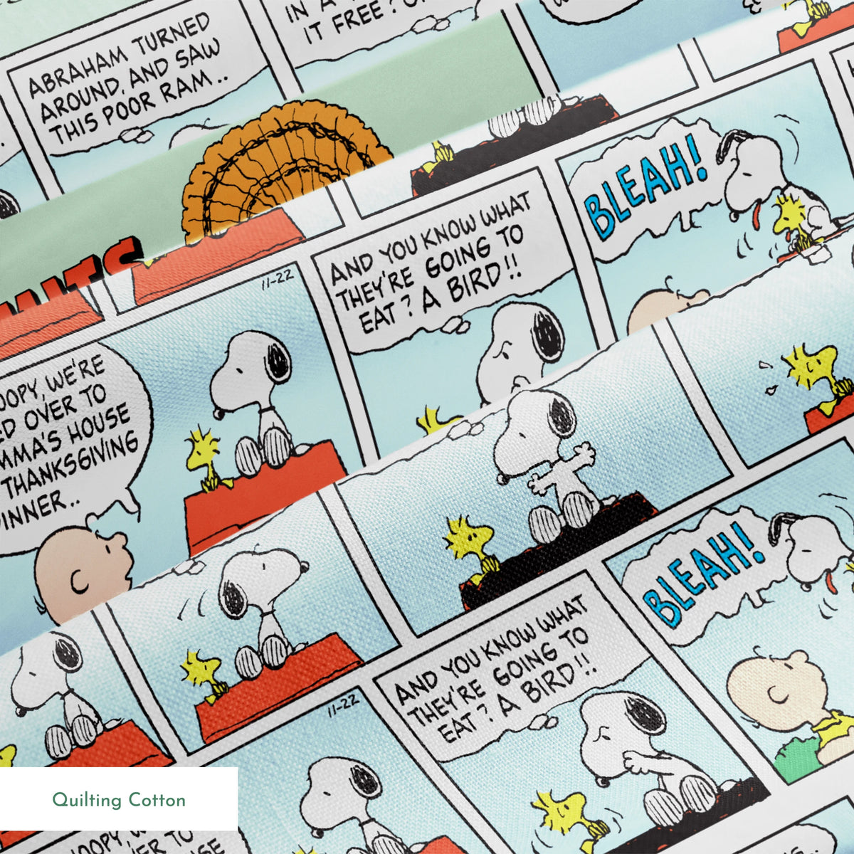 A Peanuts comic strip featuring Snoopy on his red doghouse, shown in multiple panels with Thanksgiving and food-related humor throughout the colorful Sunday format. springs quiltingcotton texture