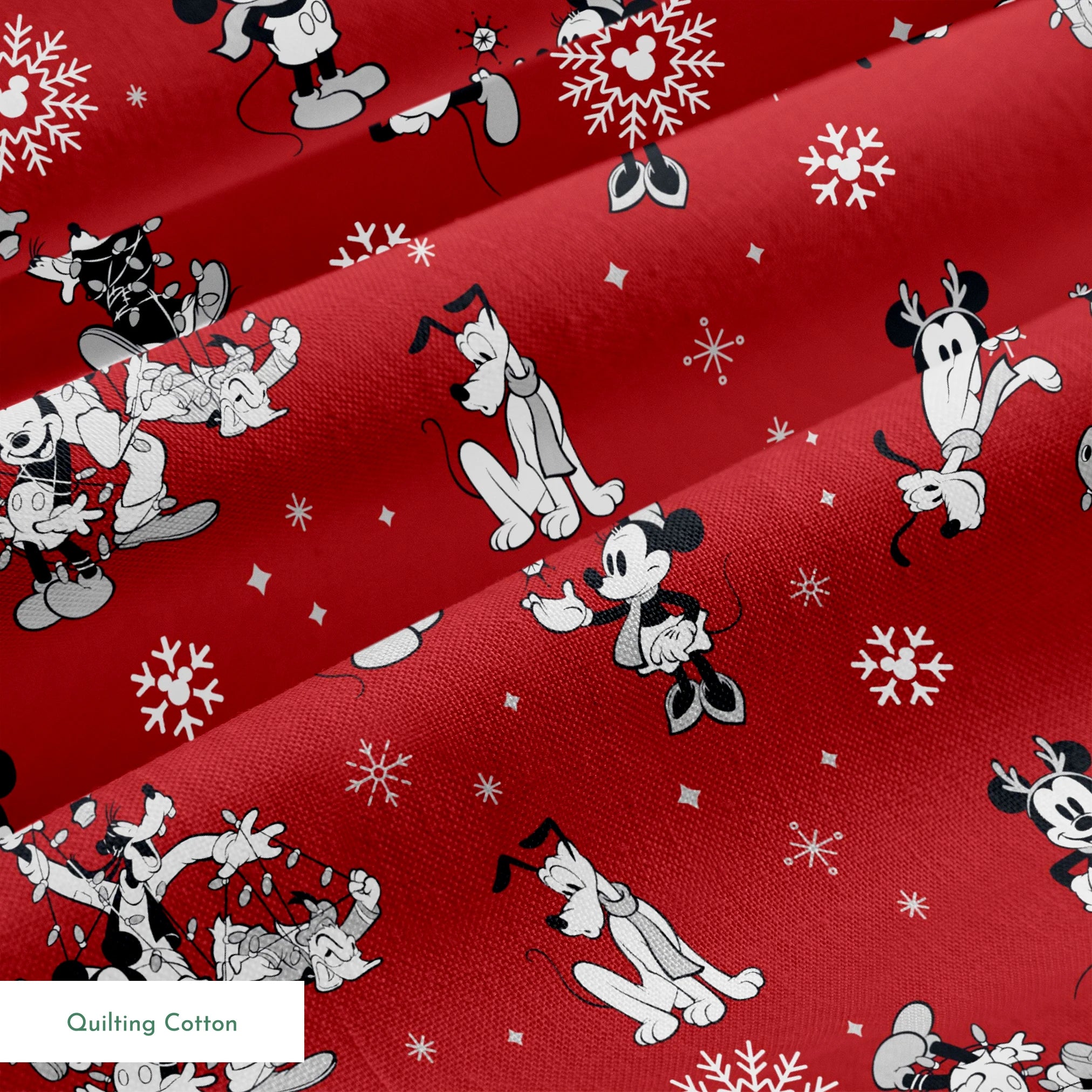 Christmas pattern with Disney characters and snowflakes on red background springs quiltingcotton texture