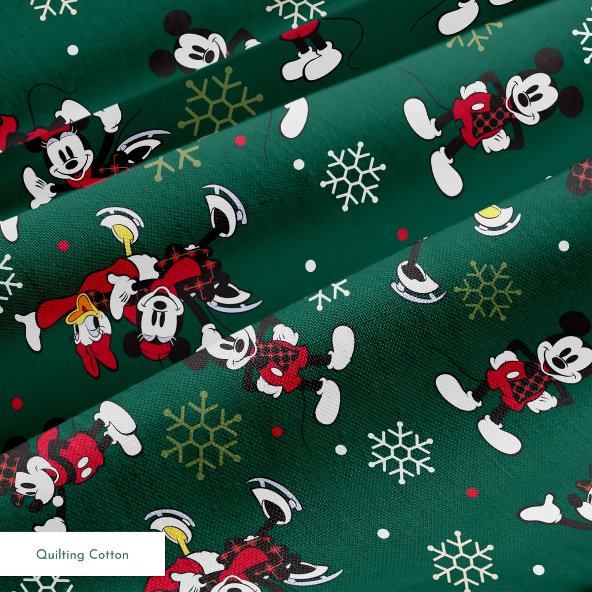 Mickey Mouse Christmas pattern with cartoon characters in winter outfits on green background with snowflakes springs quiltingcotton texture