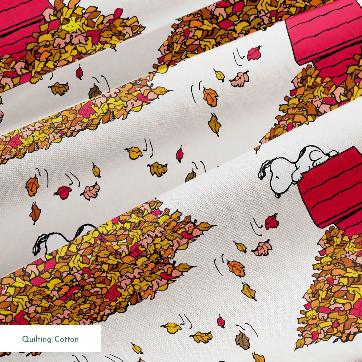 Snoopy and red doghouse on colorful autumn leaf piles with falling leaves pattern on beige background springs quiltingcotton texture
