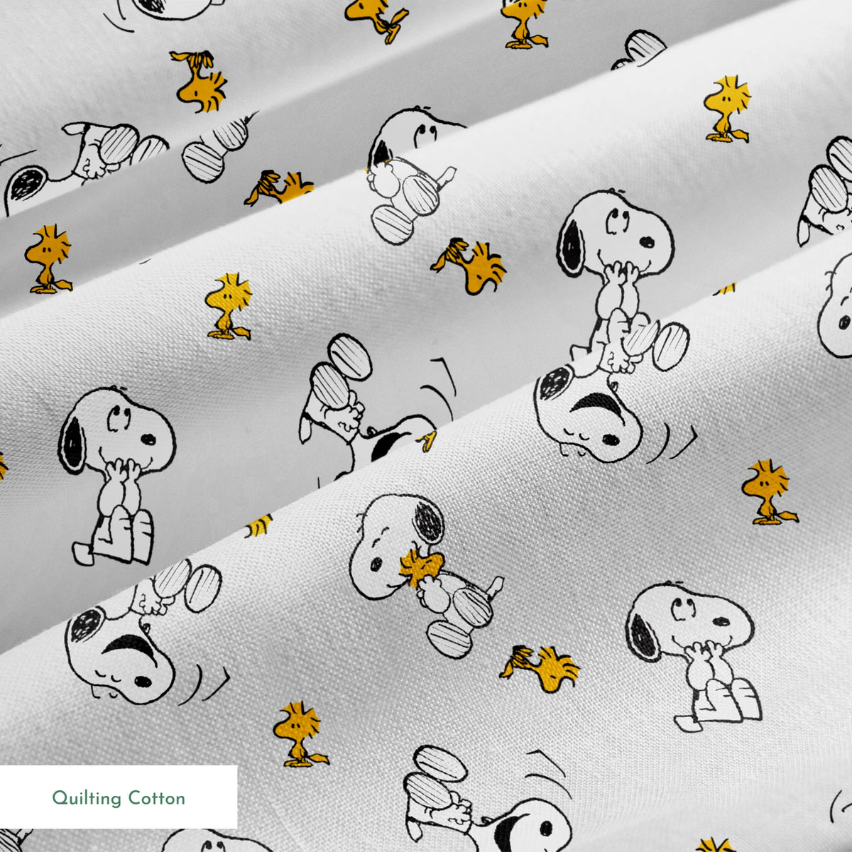 Pattern of Peanut's Snoopy and Woodstock on light gray background springs quiltingcotton texture