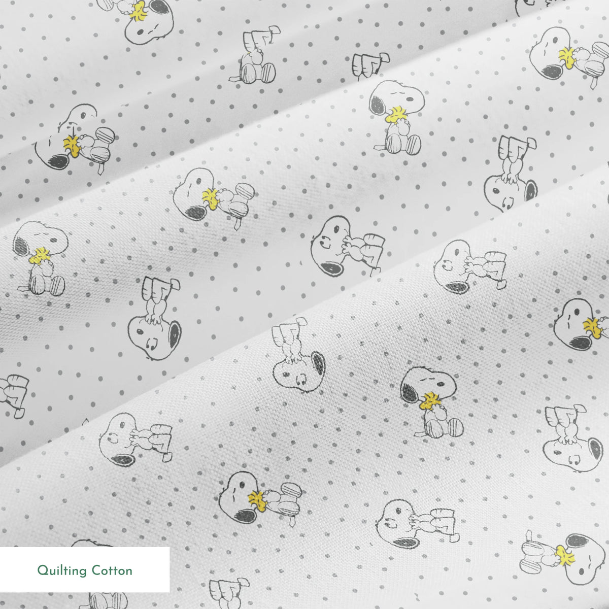 Snoopy and Woodstock on polka dot background in a repeating pattern springs quiltingcotton texture