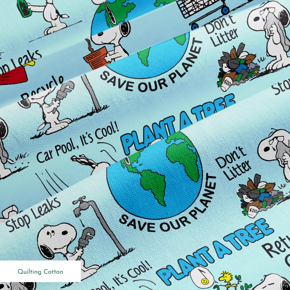 Snoopy cartoon dog in environmental scenes with Earth graphic and eco-friendly messages like "Plant a Tree" and "Recycle springs quiltingcotton texture