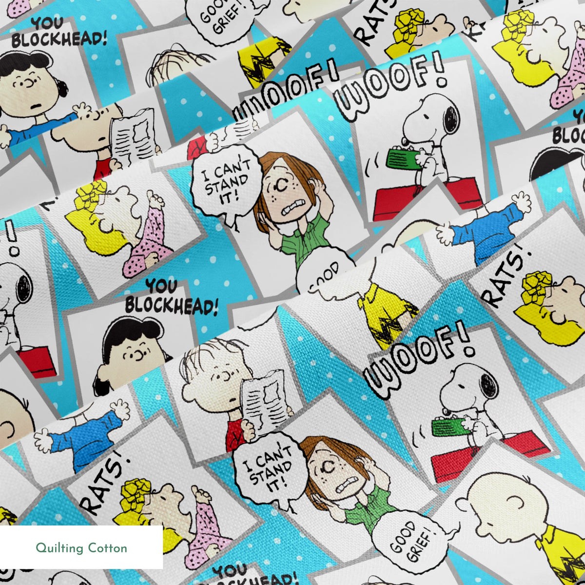 Peanuts comic characters in various expressions - Snoopy saying "WOOF!", speech bubbles with "RATS!", "I CAN'T STAND IT!", "YOU BLOCKHEAD!" and "GOOD GRIEF! springs quiltingcotton texture