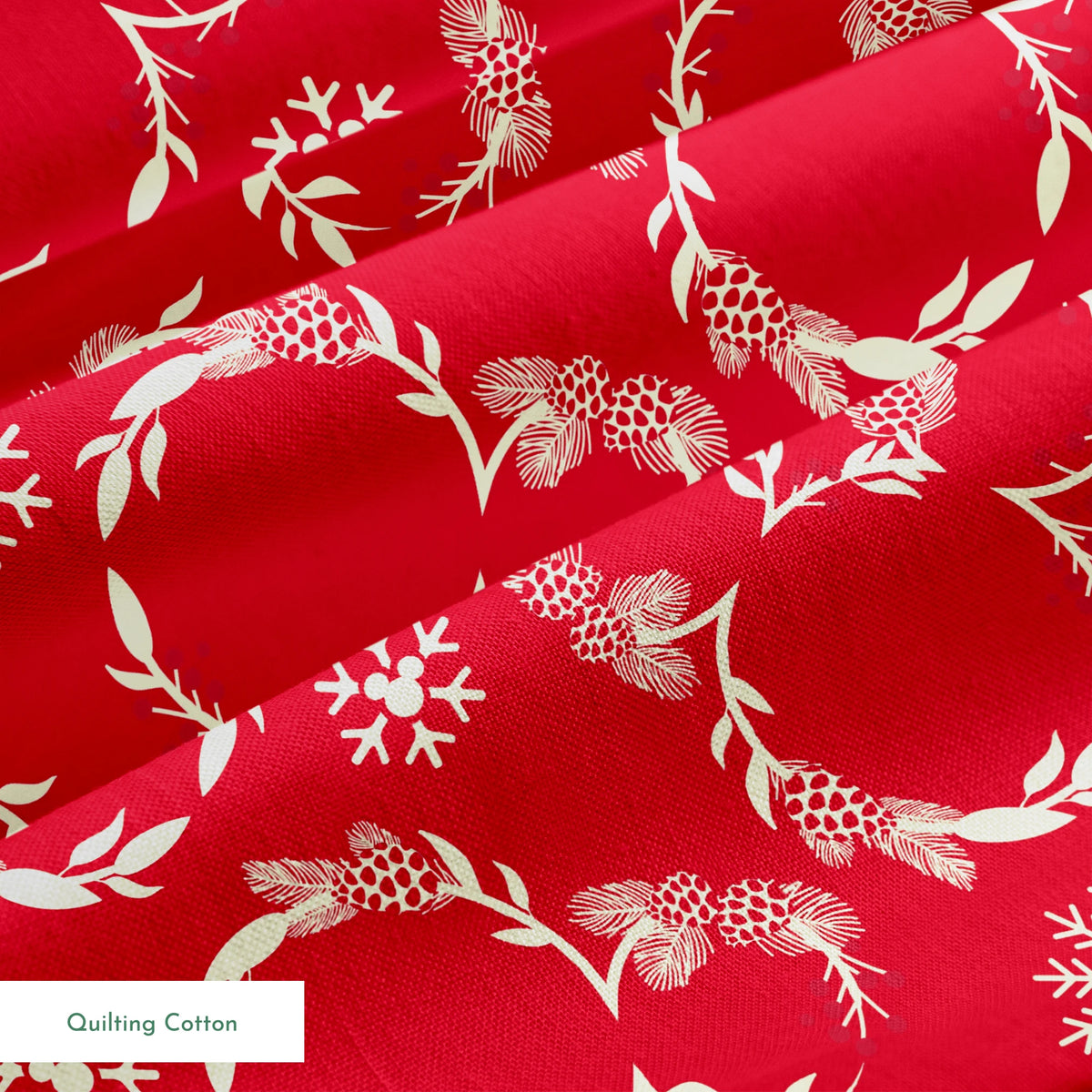 Festive red background with white floral wreaths, pine cones, and snowflake patterns springs quiltingcotton texture
