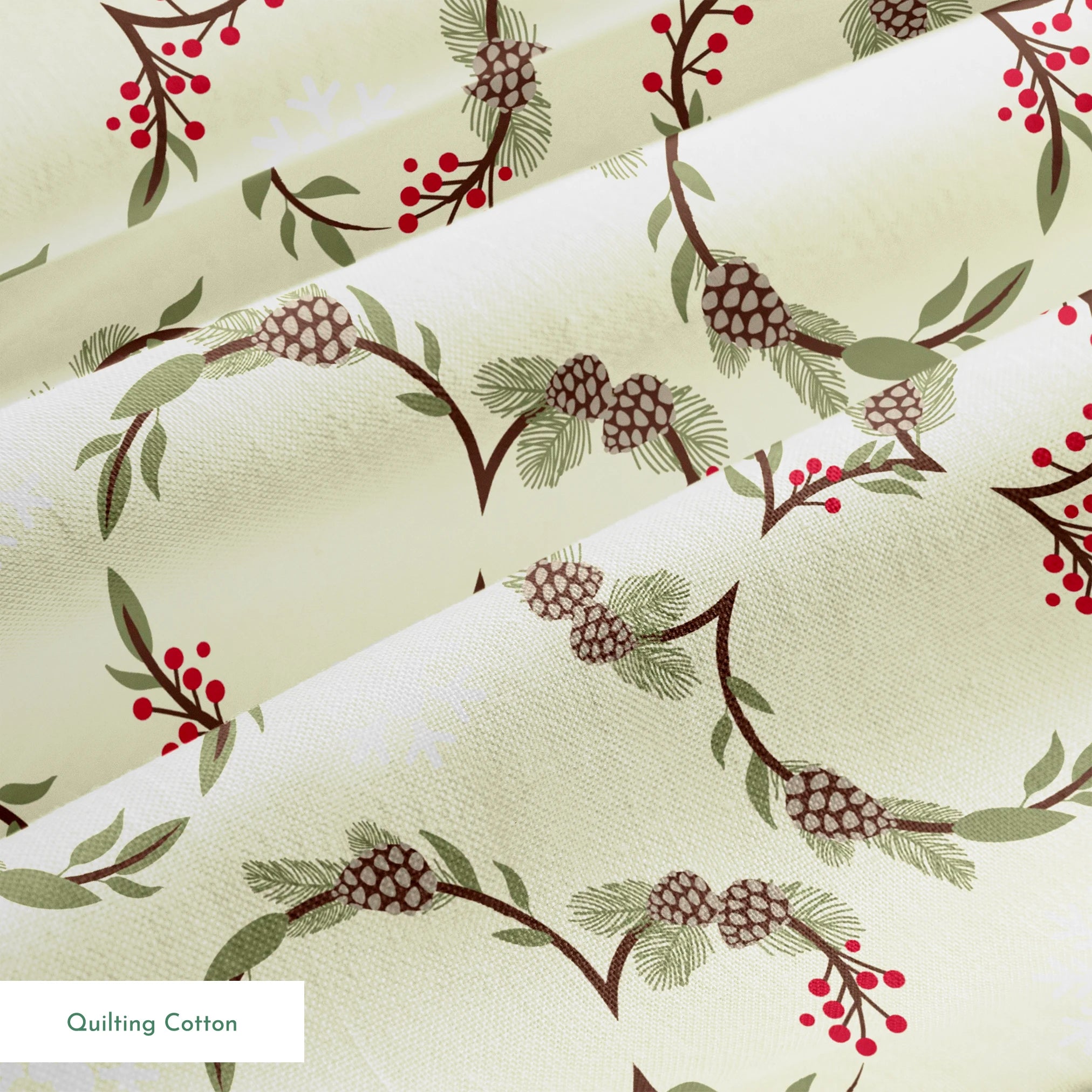 Holiday pattern with pine wreaths, red berries, and white snowflakes on light green background springs quiltingcotton texture