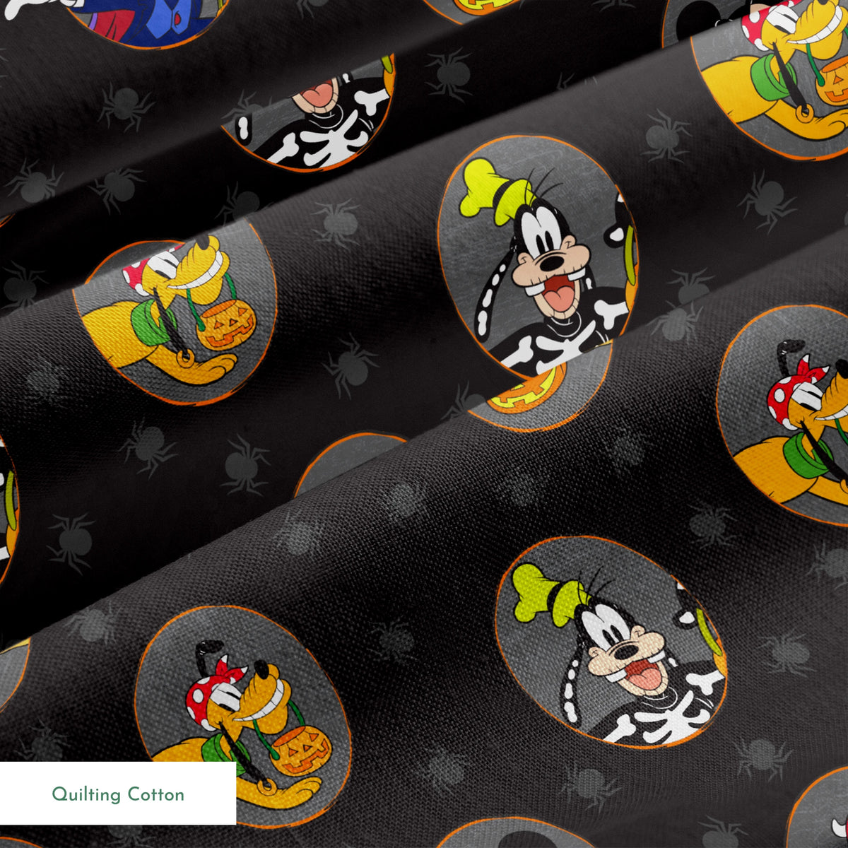 Disney characters in Halloween costumes on black background with spider pattern. Mickey as vampire, Donald with pumpkin, Pluto with candy. springs quiltingcotton texture