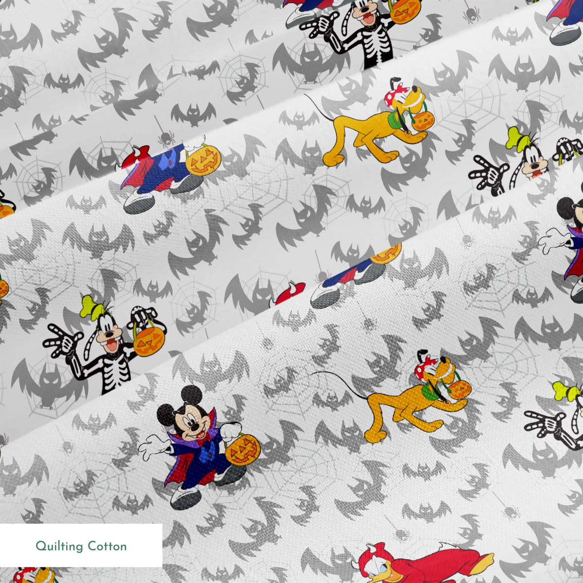 Disney cartoon characters in Halloween costumes with pumpkins on bat pattern background springs quiltingcotton texture