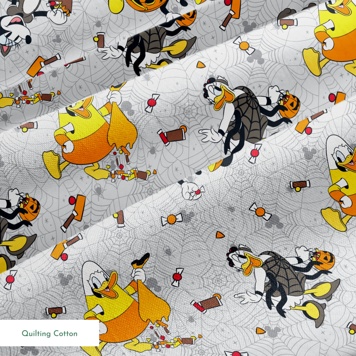 Disney characters on gray spider web pattern with candy corn scattered throughout, Halloween themed design. springs quiltingcotton texture