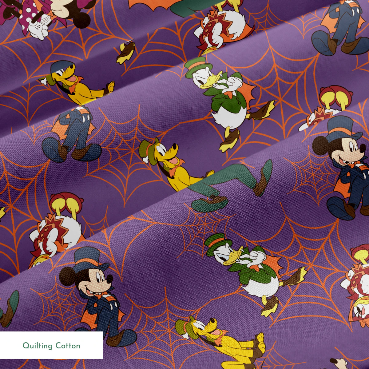 Disney cartoon characters in Halloween costumes on purple background with orange spider webs springs quiltingcotton texture