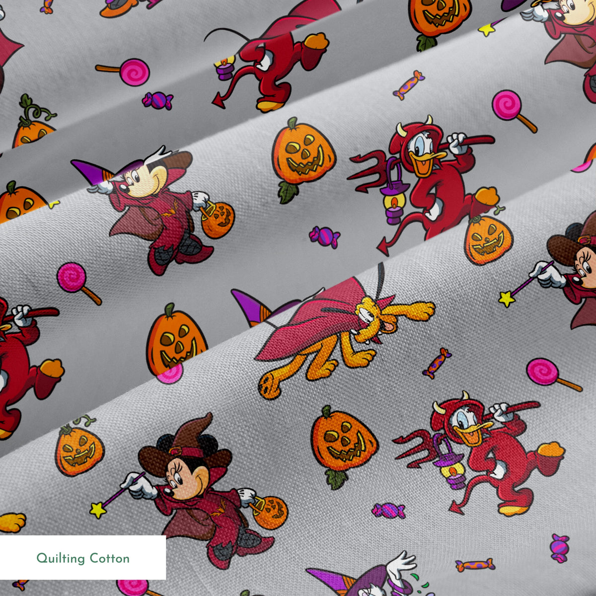 Halloween-themed cartoon pattern with Mickey Mouse characters in costumes, pumpkins, candy, and cauldrons on gray background springs quiltingcotton texture