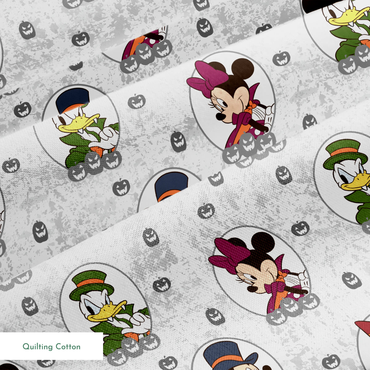 Disney Halloween pattern with Mickey in top hat, Donald in green hat, and Daisy in witch hat on gray background with pumpkins. springs quiltingcotton texture