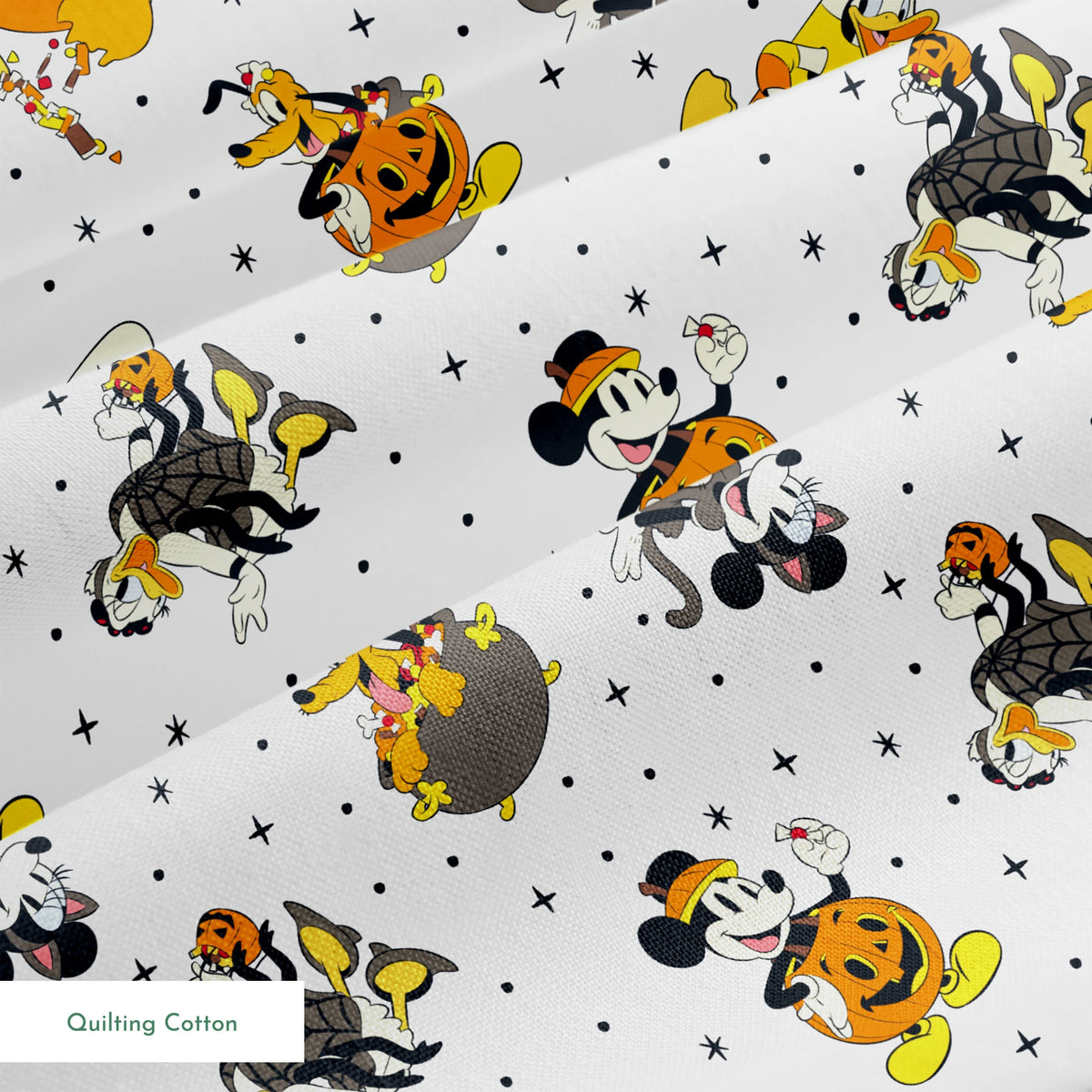 Disney characters in Halloween costumes on white background with stars - Mickey, Pluto, and friends in festive attire springs quiltingcotton texture