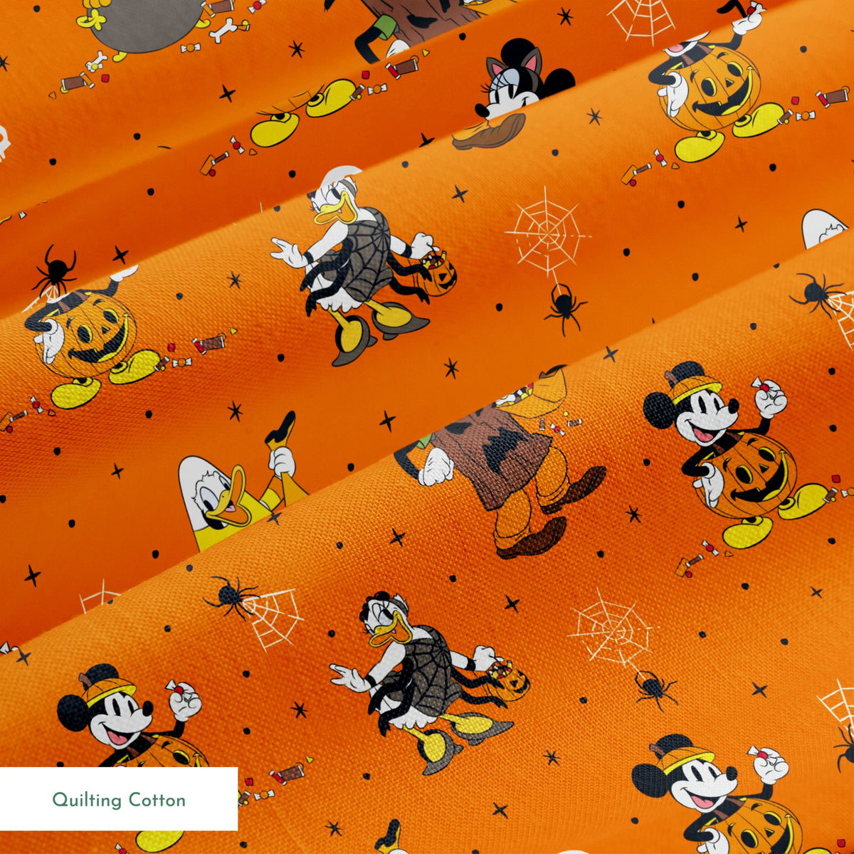 Halloween-themed orange pattern with Disney characters in costumes, spiderwebs, and skulls springs quiltingcotton texture