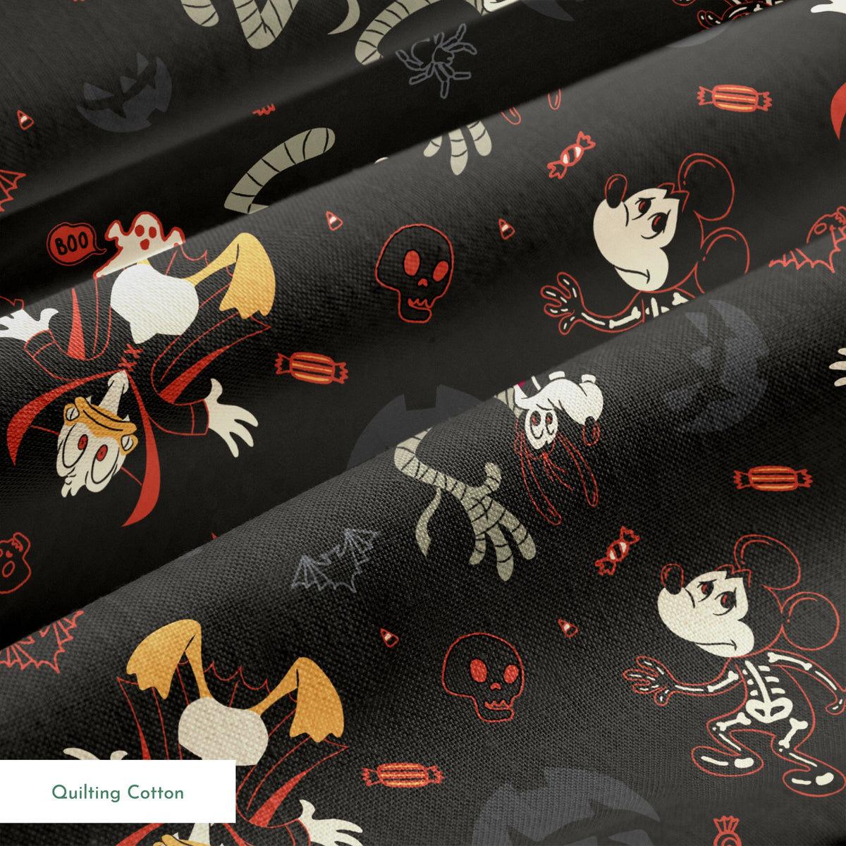 Disney Halloween pattern with Mickey & friends and candy on dark background springs quiltingcotton texture