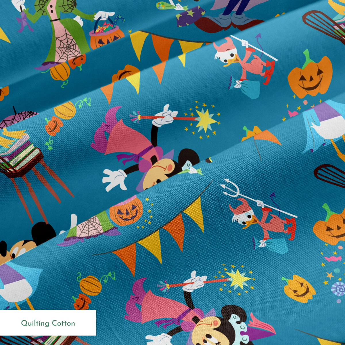 Whimsical Halloween pattern with Disney characters in costumes, pumpkins, and orange bunting on teal background. springs quiltingcotton texture