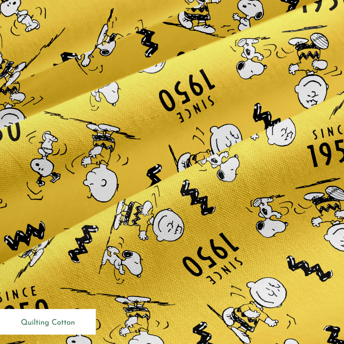 Peanuts cartoon pattern on yellow background with Snoopy and Charlie Brown, "Since 1950" text springs quiltingcotton texture