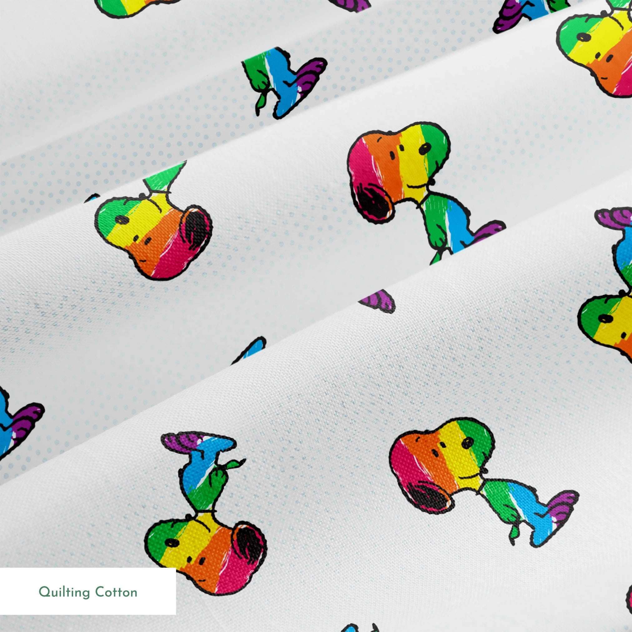 Colorful rainbow Snoopy in various poses on a dotted white background springs quiltingcotton texture
