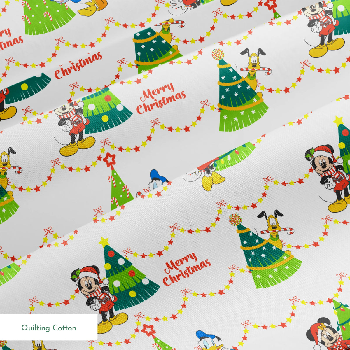 Disney Christmas pattern with Mickey, Minnie, and Donald beside decorated trees with star garland borders springs quiltingcotton texture