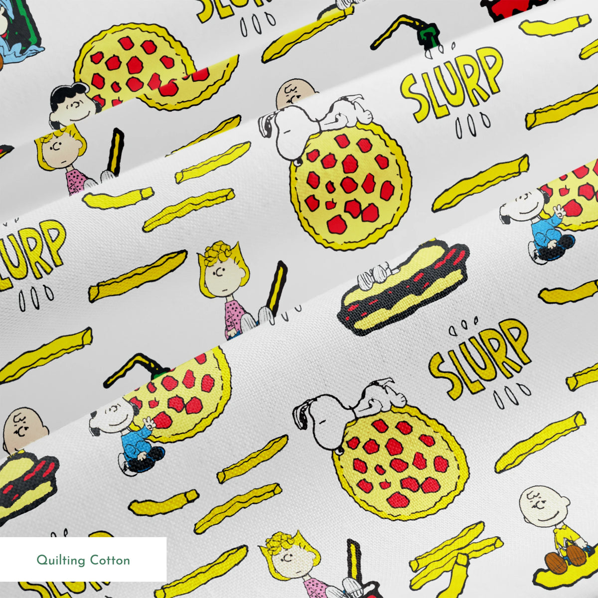 Peanuts cartoon characters with pizza, hot dogs, and "SLURP" text in a repeating pattern springs quiltingcotton texture