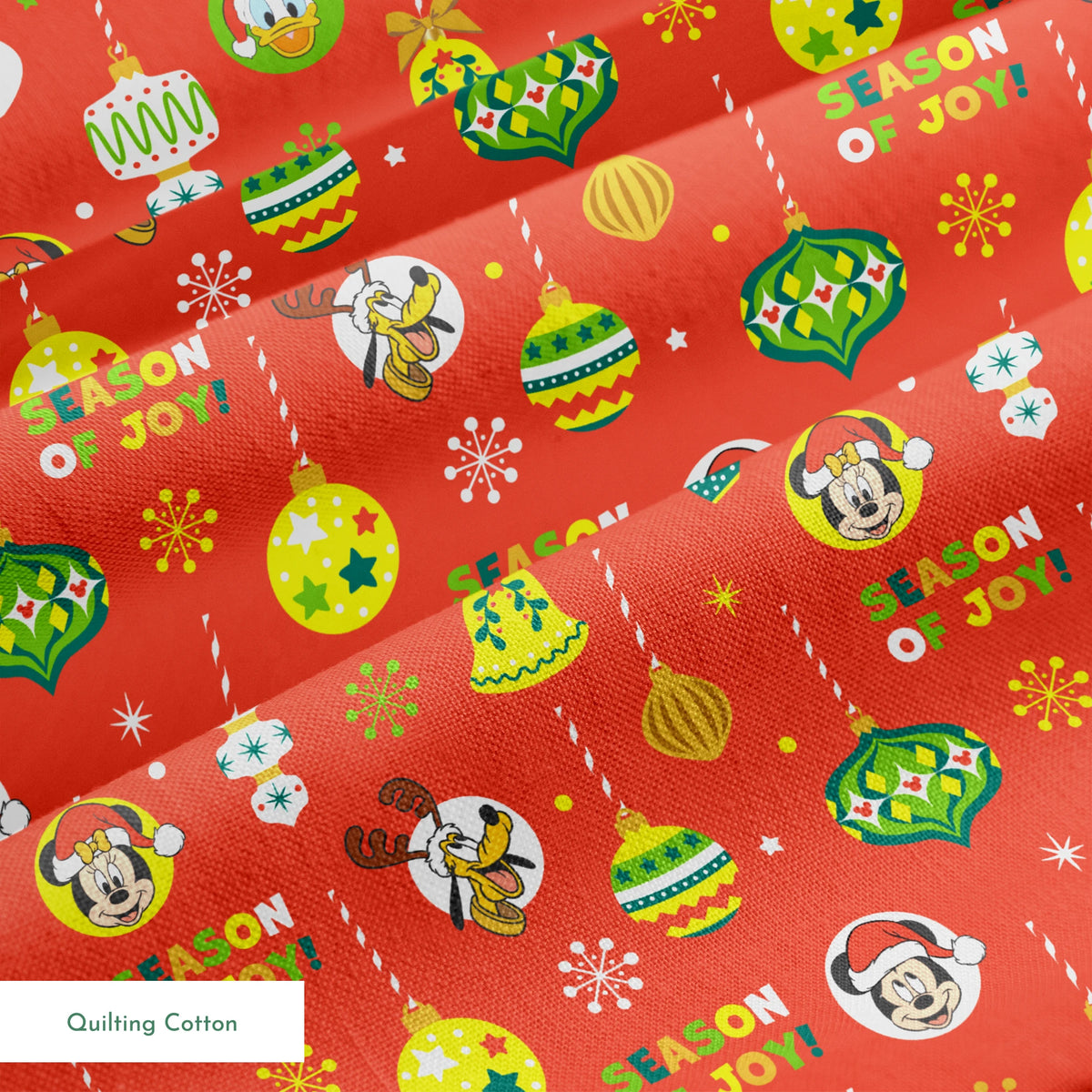 Christmas ornament pattern with colorful baubles, bells, snowflakes and Mickey Mouse characters on bright red background springs quiltingcotton texture