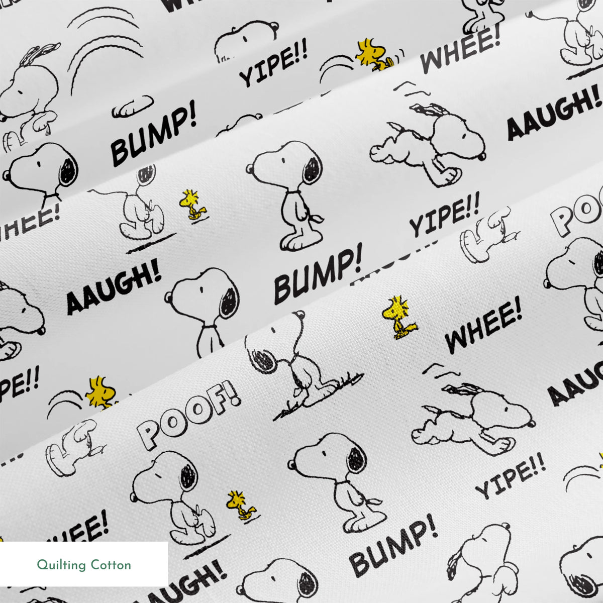 Comic-style pattern of Snoopy and Woodstock with sound effect words like "BONK!", "KLUNK!" and "BUMP!" in black and white. springs quiltingcotton texture