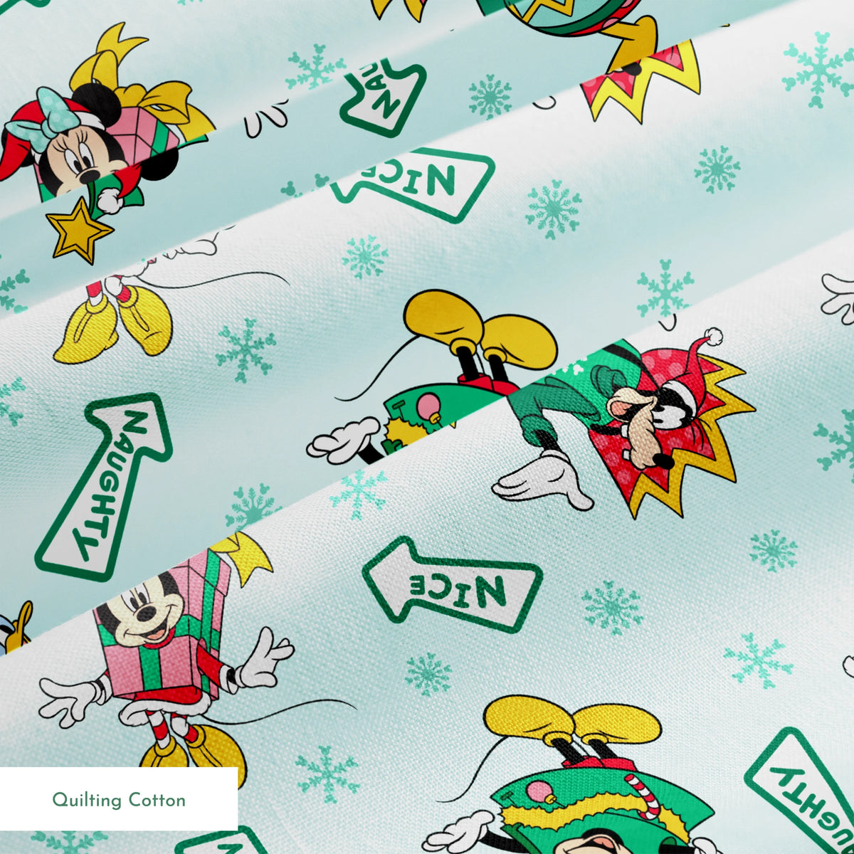 Disney character pattern with Minnie and Mickey in festive holiday outfits on light blue background with snowflakes and "Nice" signs. springs quiltingcotton texture