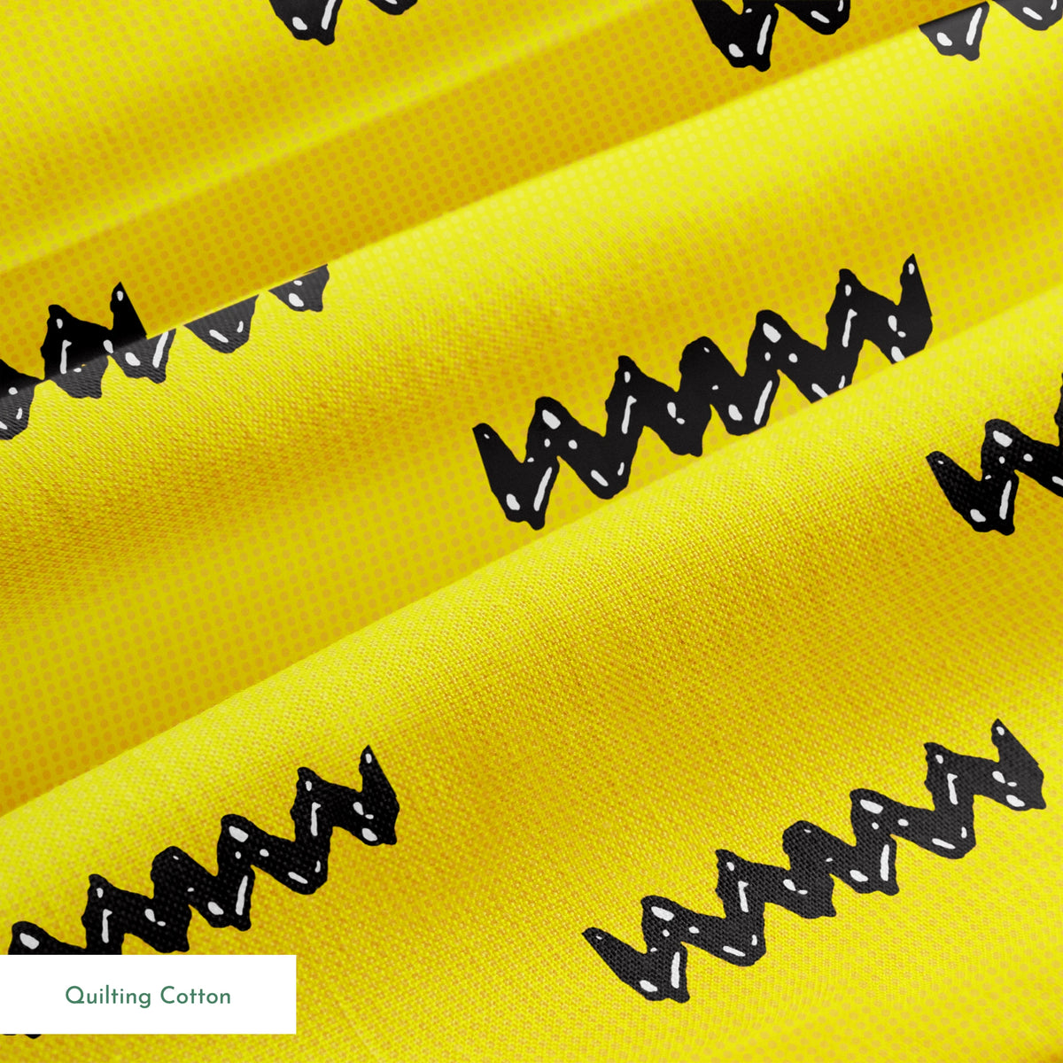 Black Charlie Brown zigzag patterns arranged in four rows against a bright yellow textured background springs quiltingcotton texture