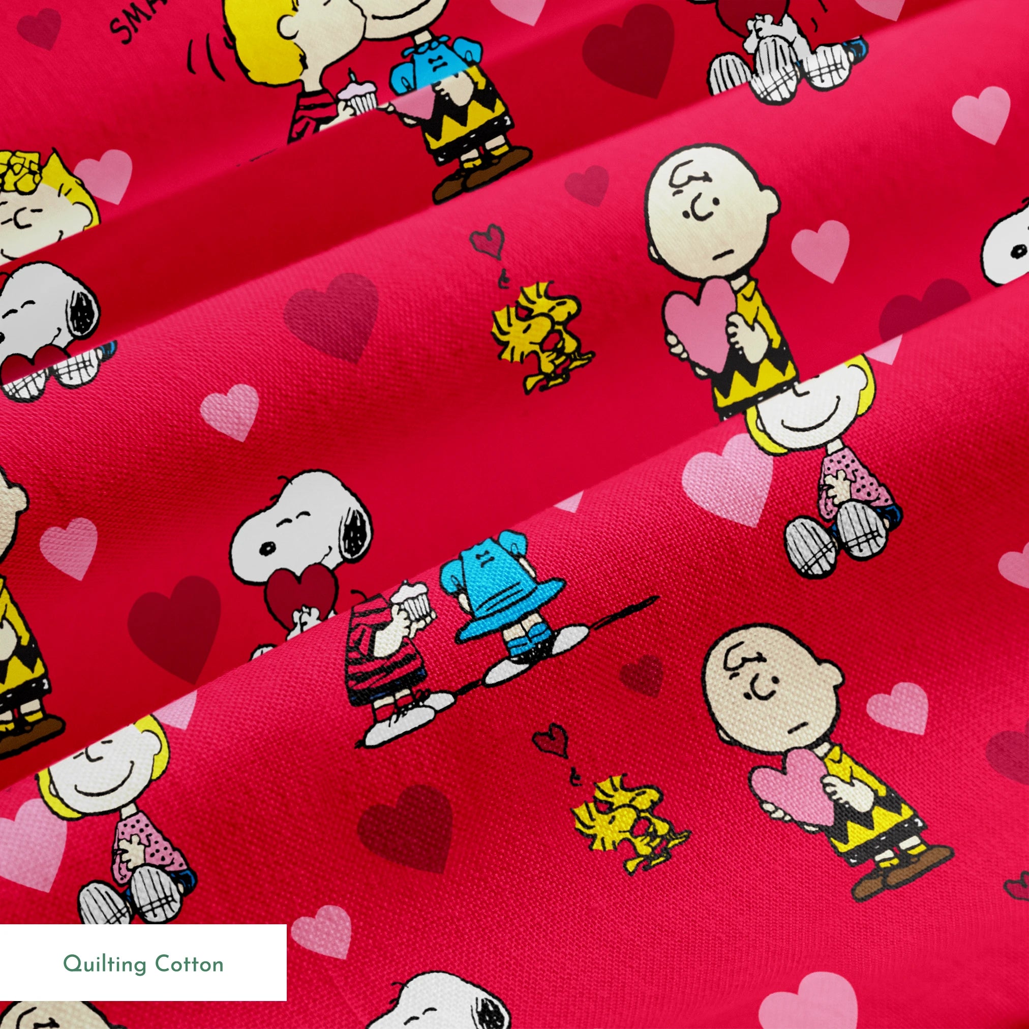 Peanuts characters on red background with hearts; Snoopy, Woodstock, and others in Valentine's theme springs quiltingcotton texture