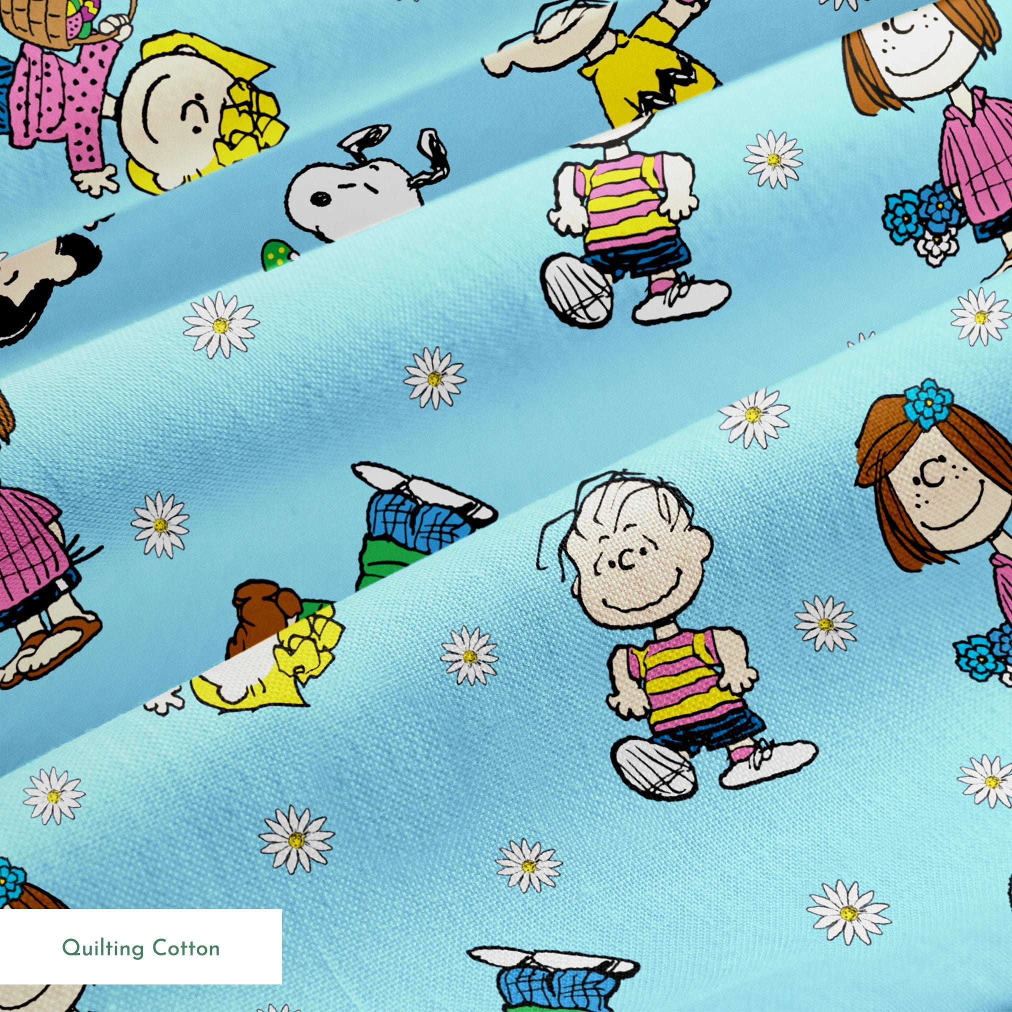 Peanuts cartoon characters scattered on light blue background with white daisies pattern springs quiltingcotton texture