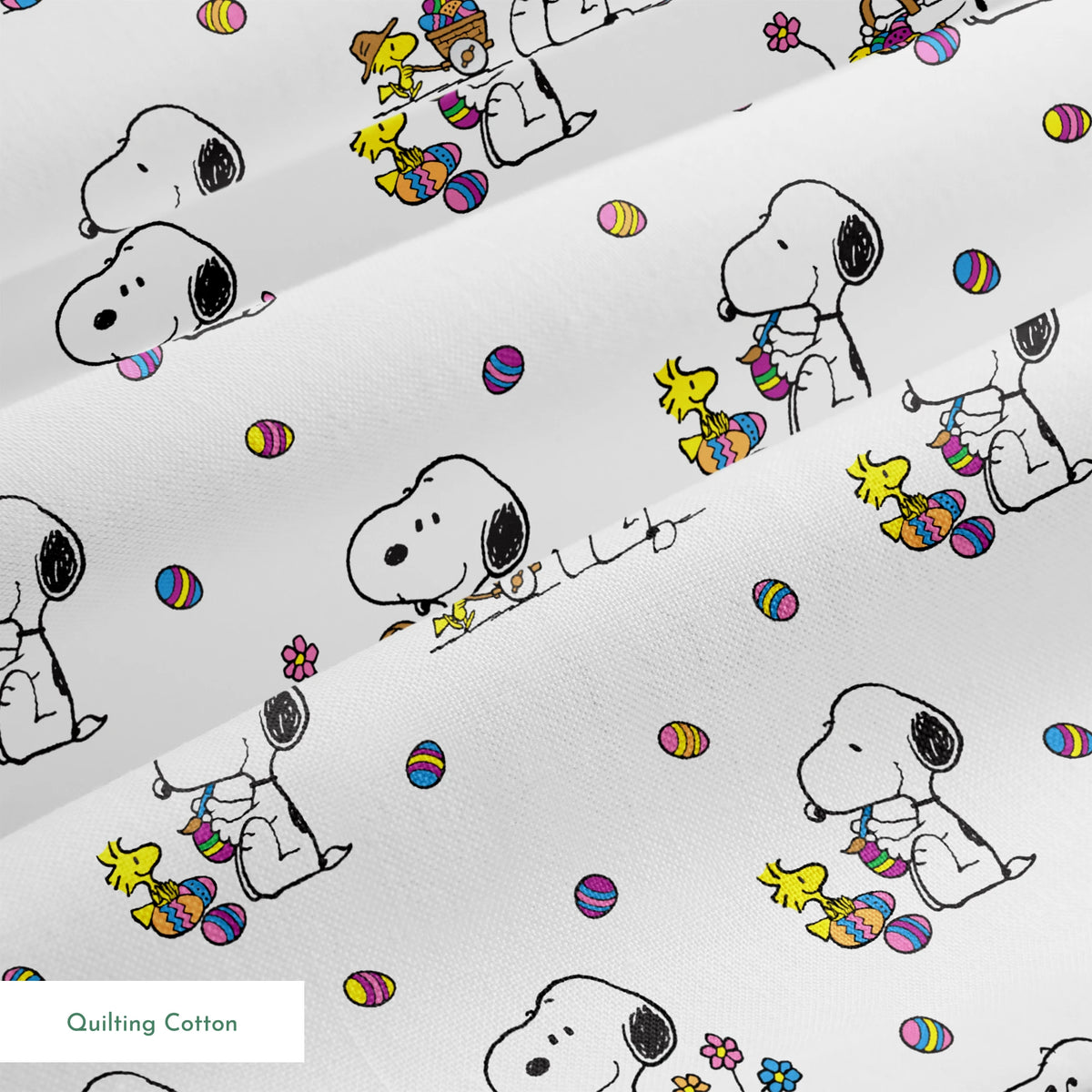 Cartoon pattern with Snoopy and Woodstock celebrating Easter with colorful eggs and baskets on white background springs quiltingcotton texture