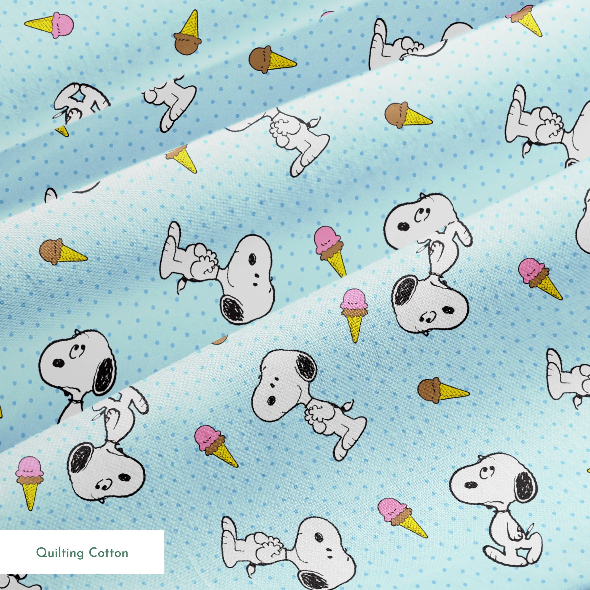Snoopy pattern on light blue background with ice cream cones and small white dots springs quiltingcotton texture