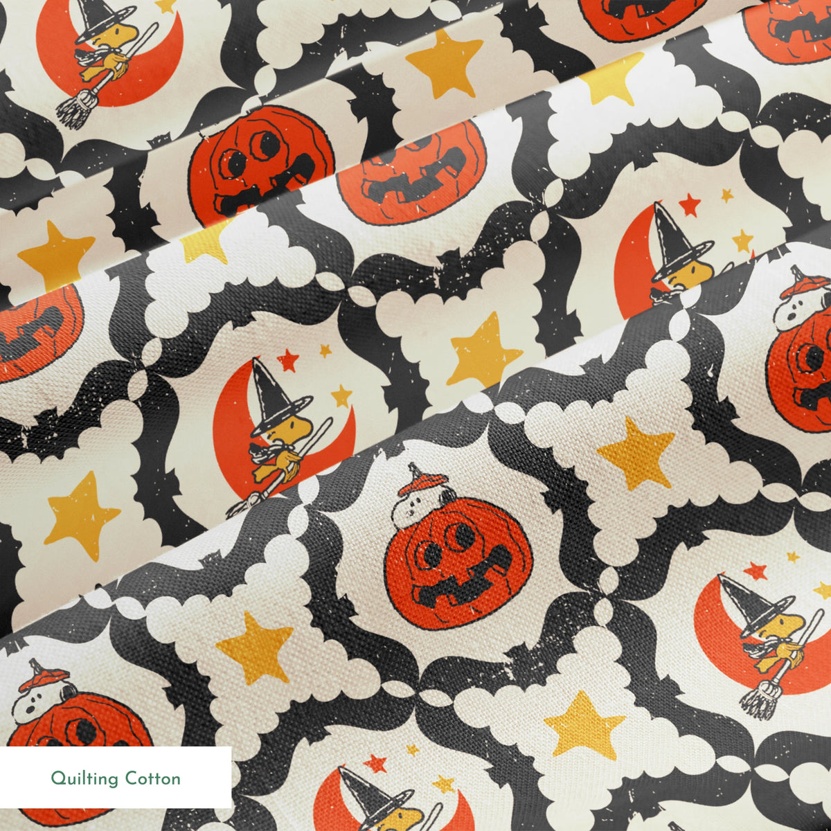 Peanuts Halloween pattern with orange jack-o'-lanterns, crescent moons with witch hats, yellow stars, and black bat borders on cream background springs quiltingcotton texture